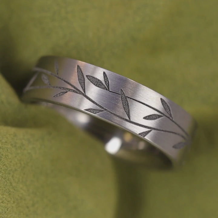 Titanium Floral Vine Patterned Flat Brushed Court Unisex 6.0mm Wedding Ring - The Chelsea Park - Made-to-Order Titanium Rings