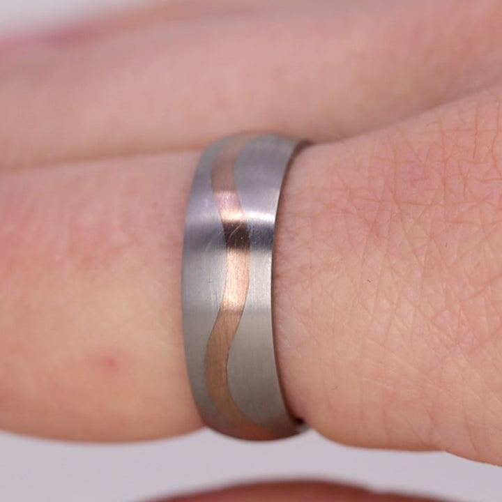 Sample Sale - Titanium and 9ct Rose Gold Wave Inlay Men's Wedding Ring - The Loxley Titanium Rings