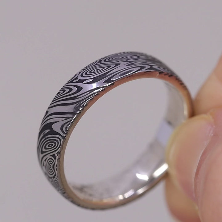 Sample Sale - Damascus Steel and Silver Wedding Ring - The Forge Dam