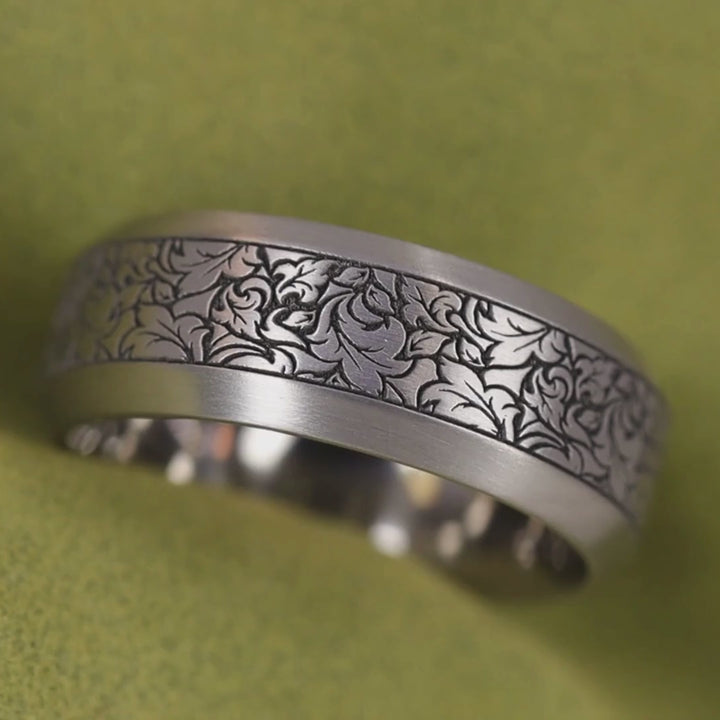 Titanium Floral Pattern Bevelled Edge Men's/Unisex 8.0mm Wedding Ring - The Wentworth Gardens - Made-to-Order