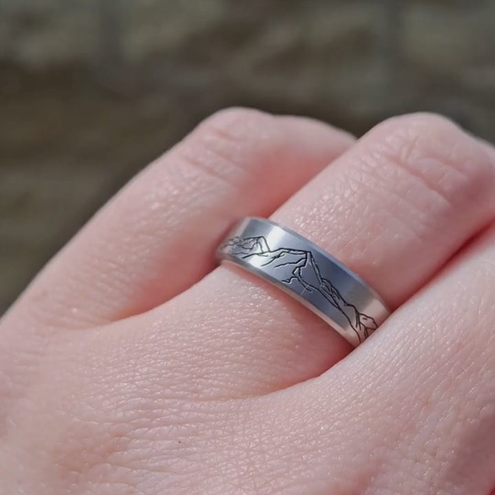 Titanium Patterned Mountain Range Engraving Bevelled Edge Men's Wedding Ring - The Kinder Scout - Made to Order Titanium Rings