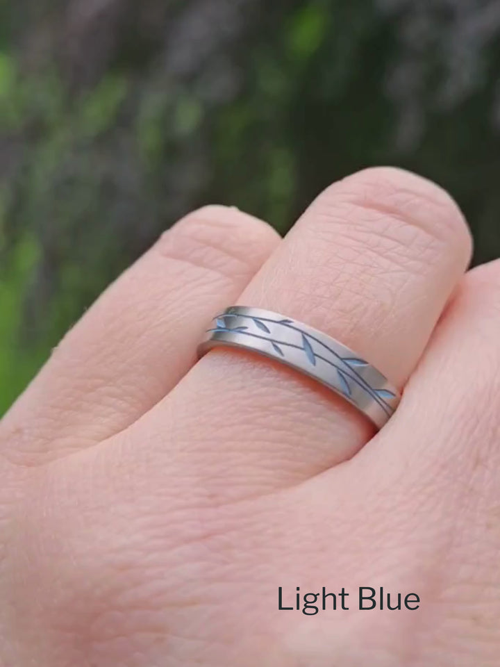 Titanium Floral Vine Patterned Flat Brushed Court Unisex 4.0mm Wedding Ring - The Chelsea Park - Made-to-Order Titanium Rings