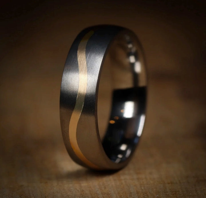 Rose or Yellow Gold Wave Inlay Titanium Wedding Ring - The Loxley - Made-to-Order