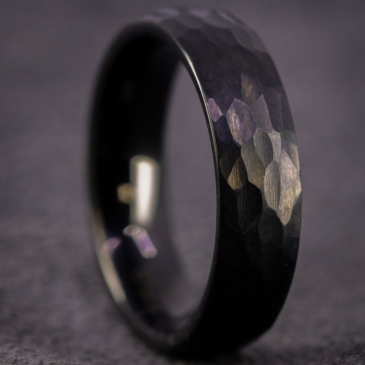 Hammered Effect Black Super Titanium Wedding Ring - Titanium & Tungsten Alloy - The Rivelin Valley