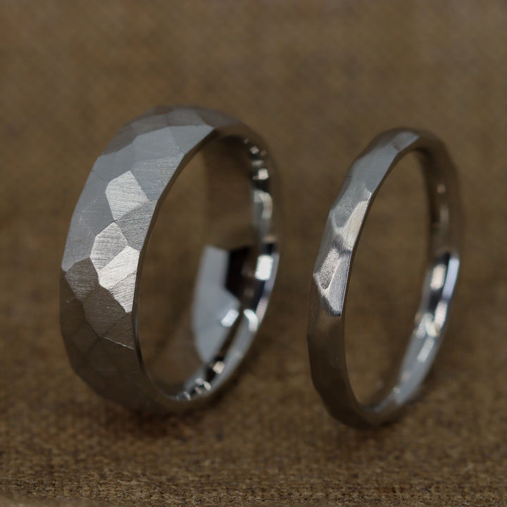 Matching Wedding Ring Set - Rivelin Valley & Beauchief - Hammered Effect Stainless Steel Court Fit Wedding Rings