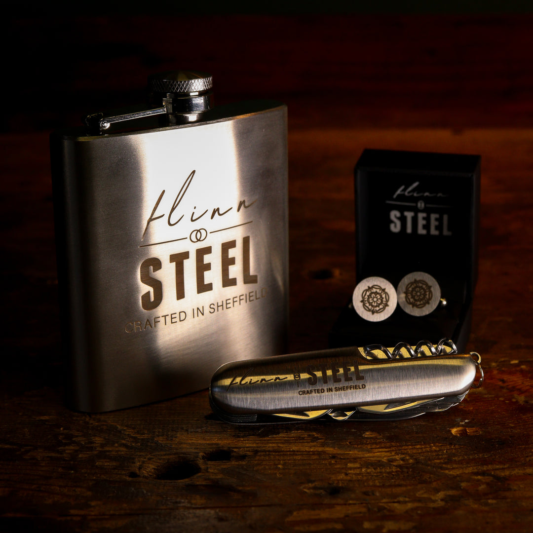 Reyt Good Gifts | Ultimate Flinn & Steel Gift Bundle - Stainless Steel Multi-Tool Knife, 6oz Hipflask & Your Choice of Cufflinks