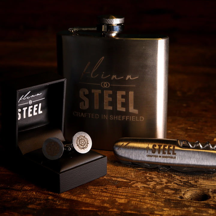 Reyt Good Gifts | Ultimate Flinn & Steel Gift Bundle - Stainless Steel Multi-Tool Knife, 6oz Hipflask & Your Choice of Cufflinks