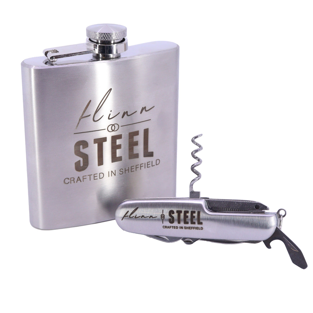 Reyt Good Gifts | Ultimate Flinn & Steel Gift Bundle - Stainless Steel Multi-Tool Knife, 6oz Hipflask & Your Choice of Cufflinks