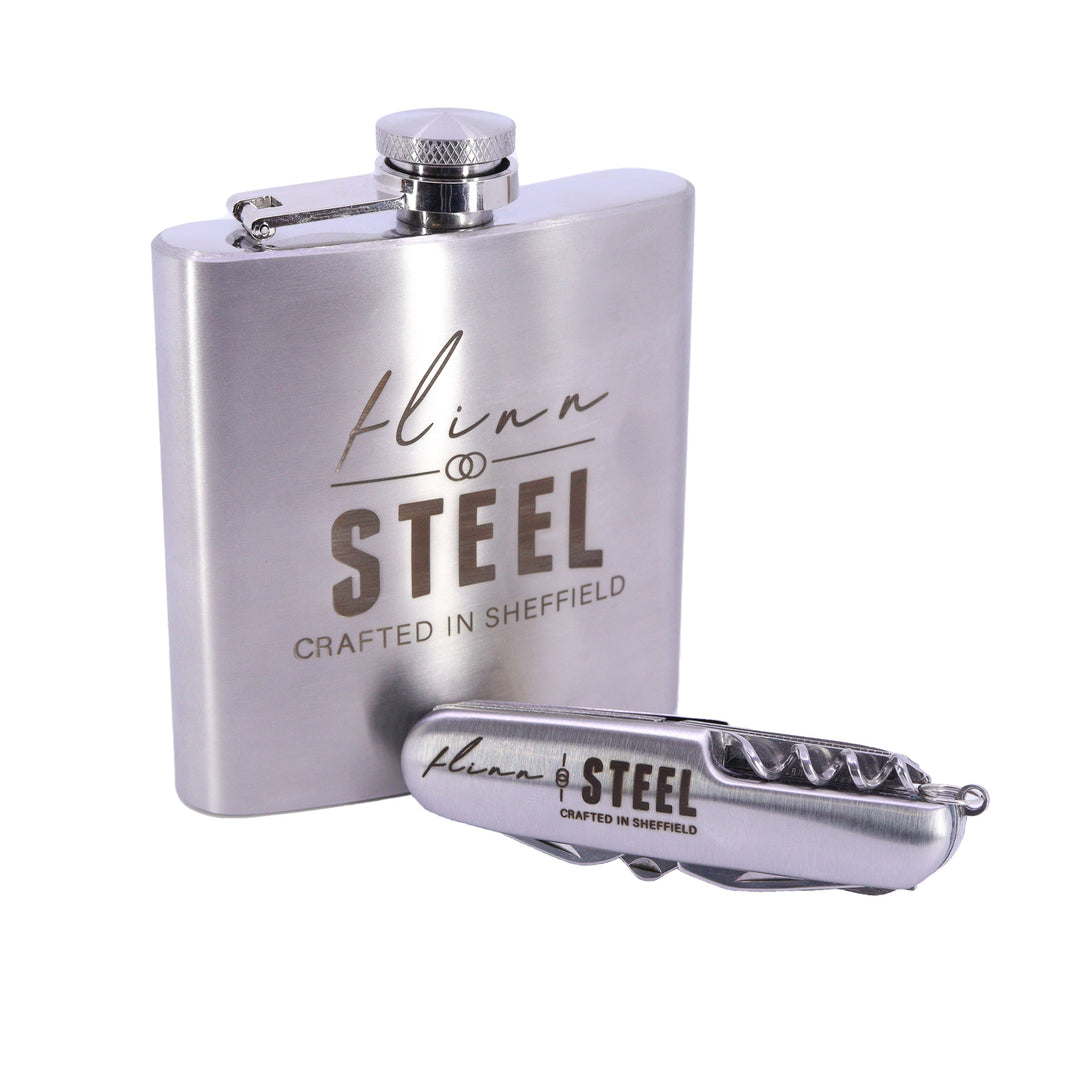 Reyt Good Gifts | Flinn & Steel Gift Bundle - Stainless Steel Multi-Tool Knife & 6oz Hipflask