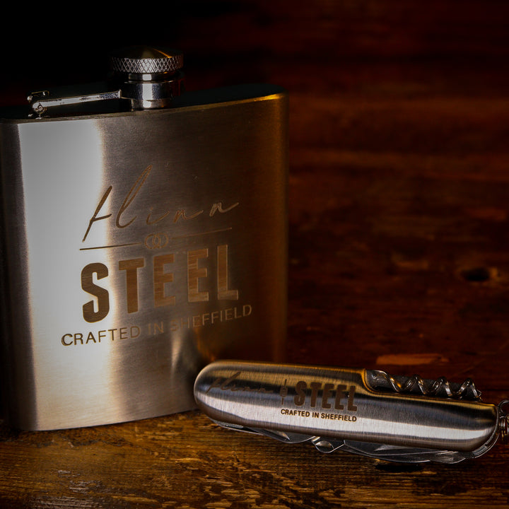 Reyt Good Gifts | Flinn & Steel Gift Bundle - Stainless Steel Multi-Tool Knife & 6oz Hipflask
