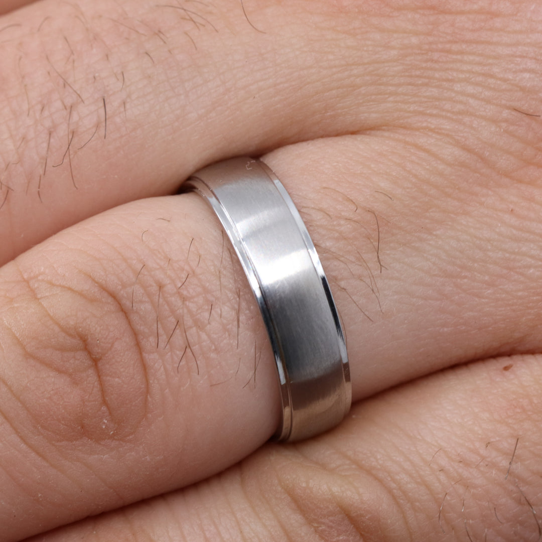 Brushed Centre Stepped Edges Stainless Steel Ring - The Devonshire Green Ring