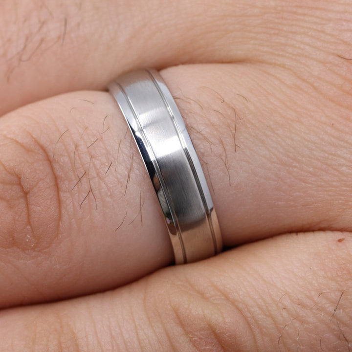 Two Engraved Lines Stainless Steel Wedding Ring - The Endcliffe Stainless Steel Rings