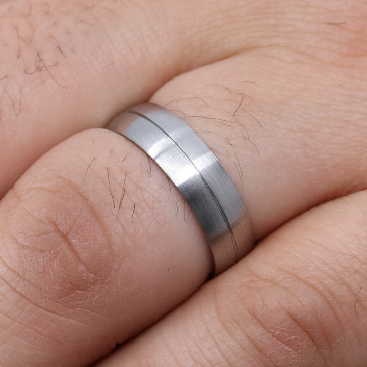 Stainless Steel Wedding Band with Engraved Line and Satin/Matt Finish - The Concord Stainless Steel Rings