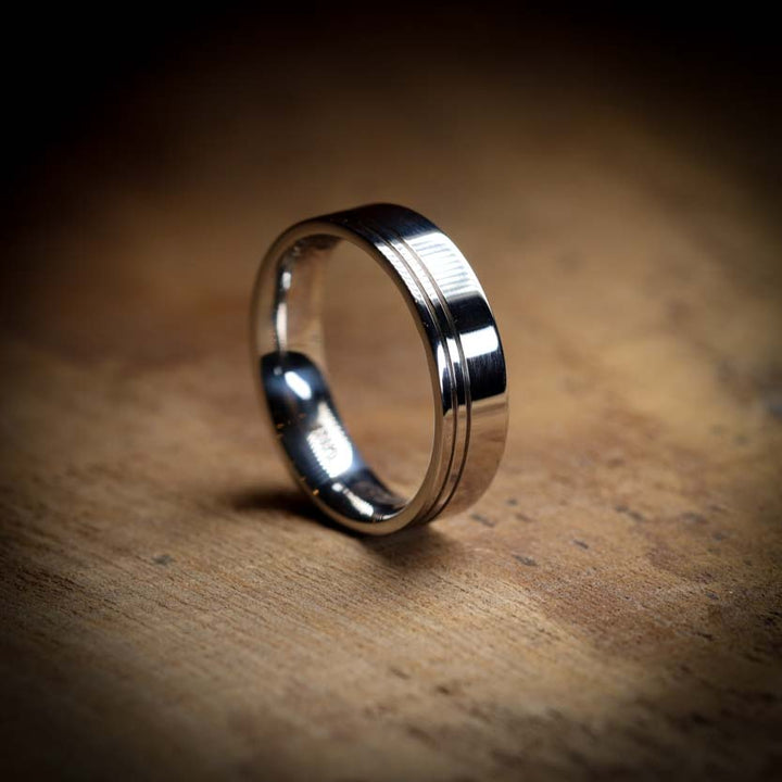Two Asymmetric Engraved Lines Stainless Steel Ring - The Meersbrook Ring