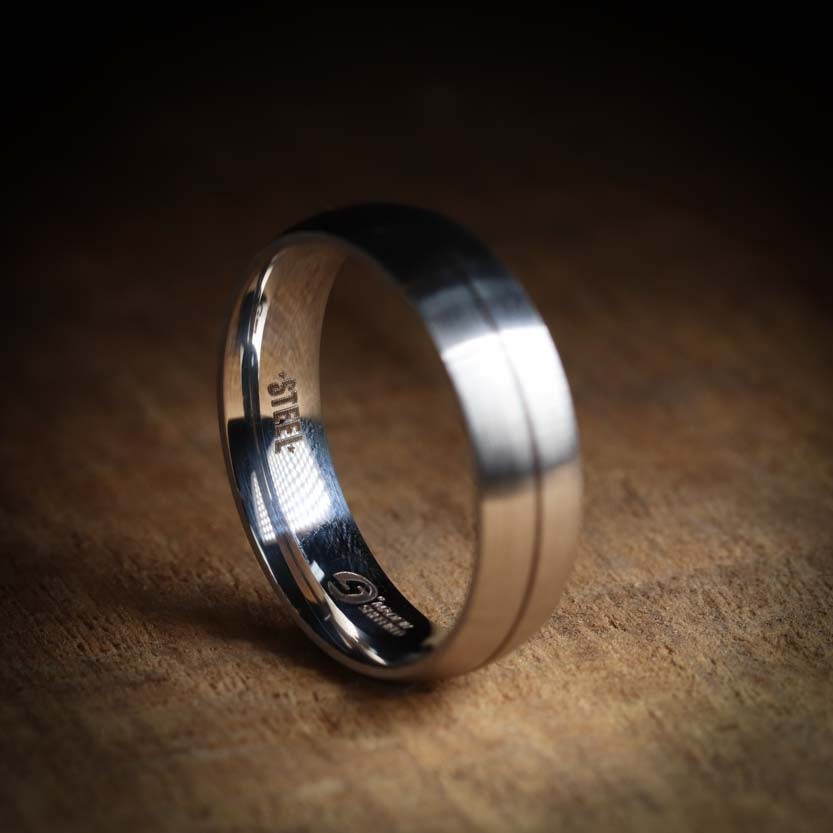 Stainless Steel Wedding Band with Engraved Line and Satin/Matt Finish - The Concord