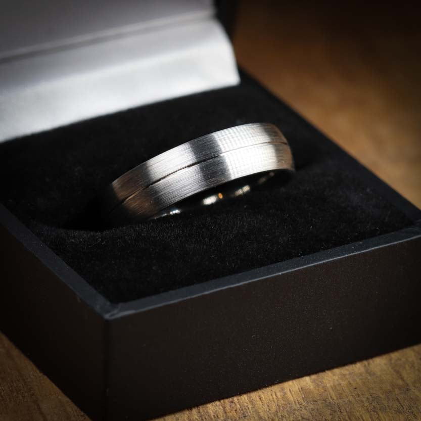 Stainless Steel Wedding Band with Engraved Line and Satin/Matt Finish - The Concord