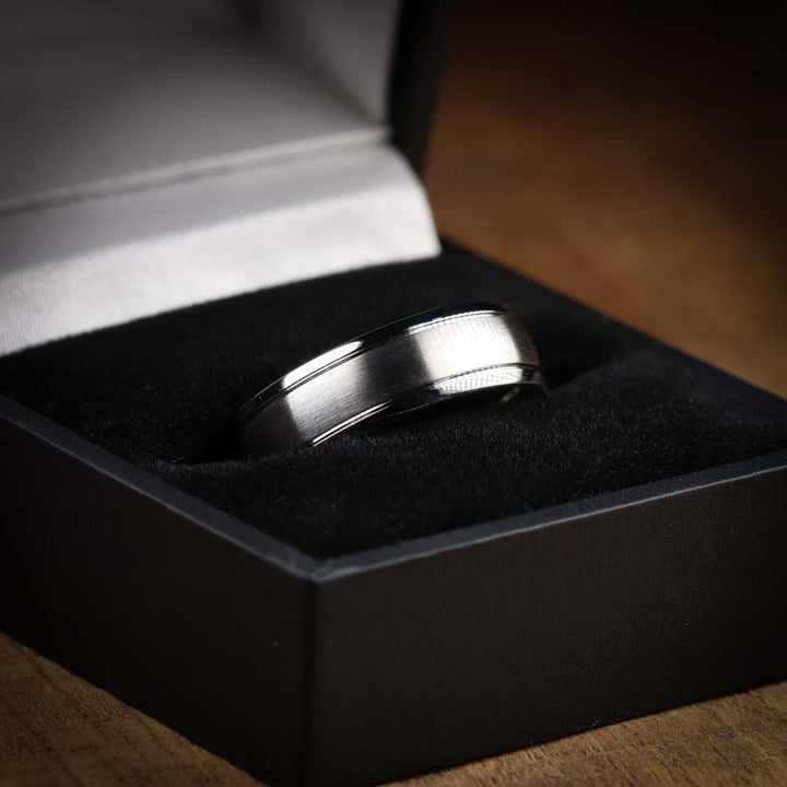 Two Engraved Lines Stainless Steel Wedding Ring - The Endcliffe